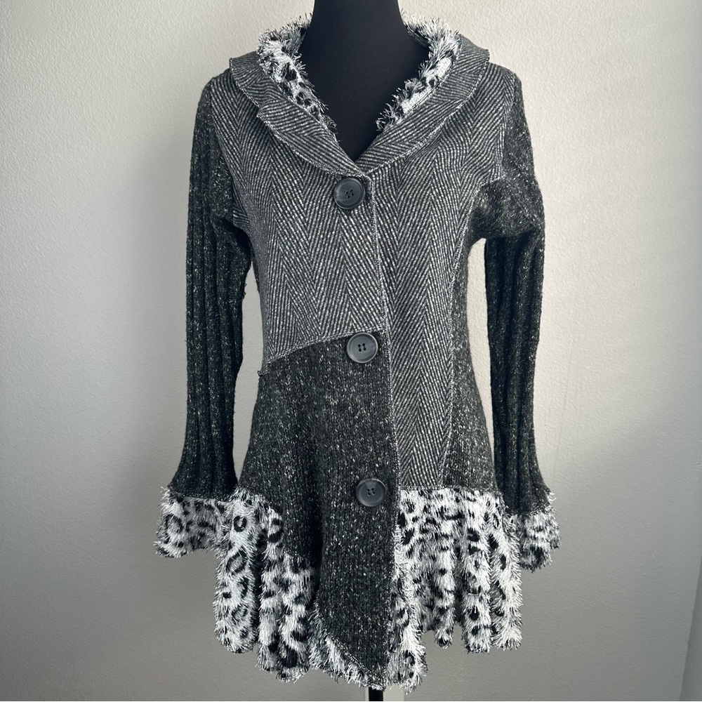Keren Hart Gray Funky Mixed Media Leopard Cardigan Duster Size Medium Y2K 90s